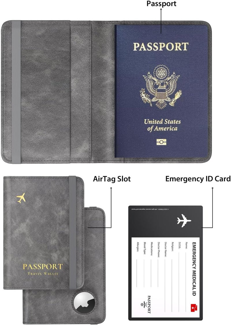 Stouchi محفظة جواز سفر AirTag، رمادي، للجنسين، جلد صناعي، مانع RFID، مضاد للماء - Image 2